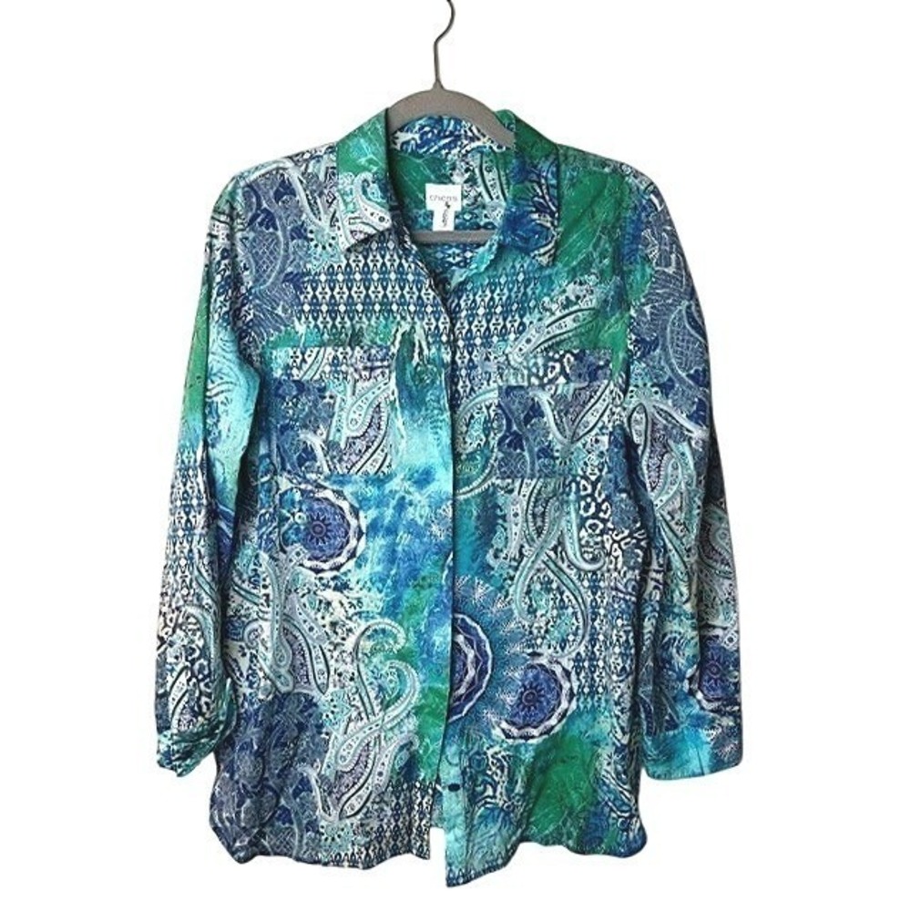 Womens Chico's 3 Button-Up Blue Paisley Print Cotton Vibrant Artsy Vacation